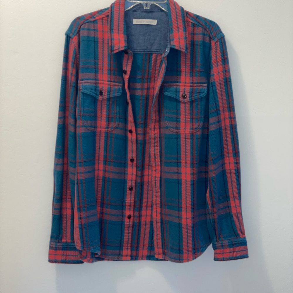 Outerknown Teal and Coral Plaid Button-Down Shirt